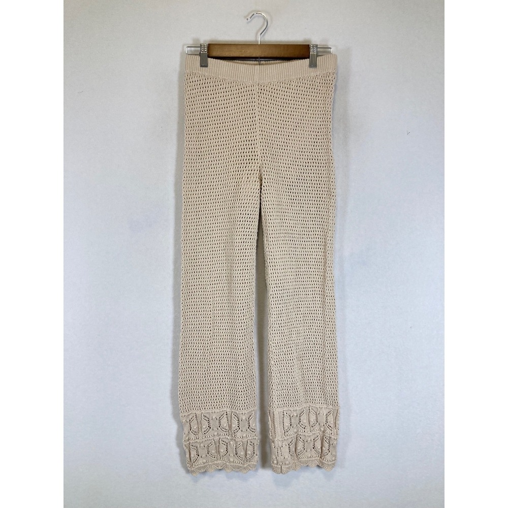 Boho Pink Rose Women‎ Small Cream Crochet Knit Scalloped Lace Hem Lined Pants